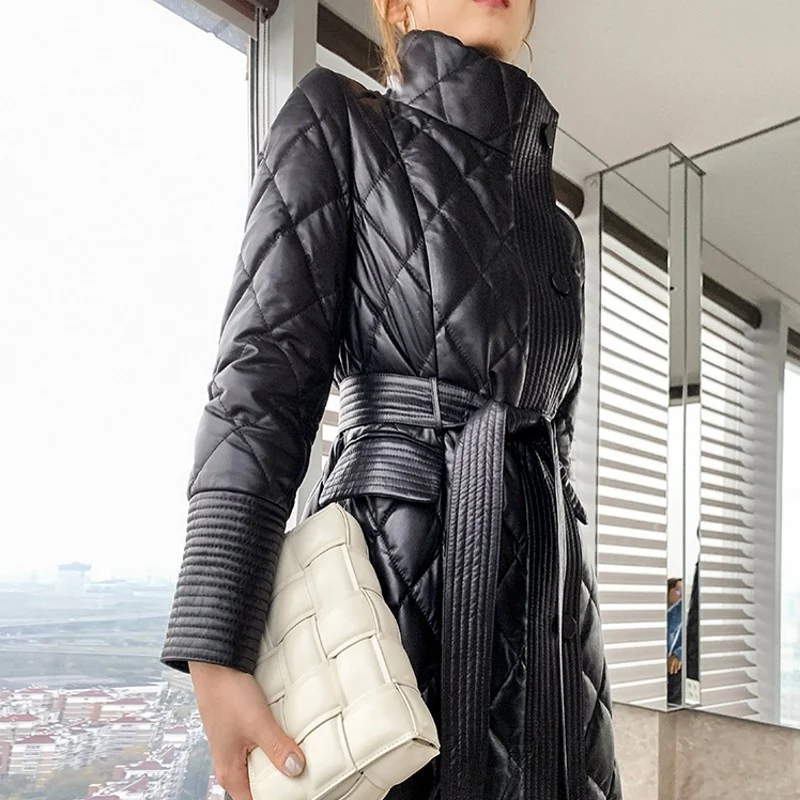 

Повседневное длинное пальто из овечьей кожи, Женская однобортная Регулируемая куртка из натуральной кожи с круглым вырезом и гусиным пухом, зимние теплые куртки