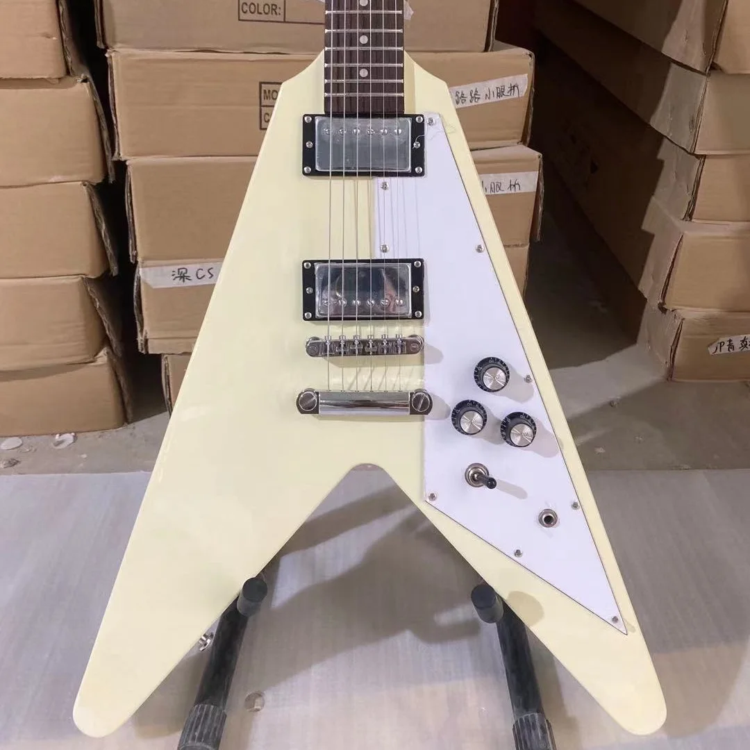 Fly-V Electric Guitar Cream Yellow Color Mahogany Body Rosewood Fingerboard High Quality Guitarar Free Shipping