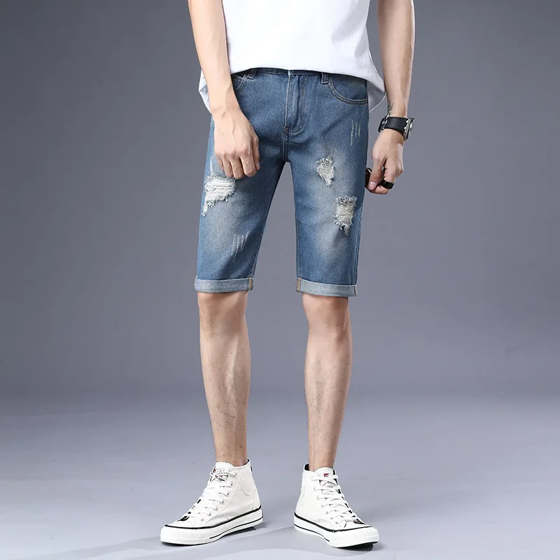 Mens Stretch Ripped Short Jeans New Fashion Leisure Streetwear Clothing Summer Cotton Shorts Breathable Tearing Denim Shorts