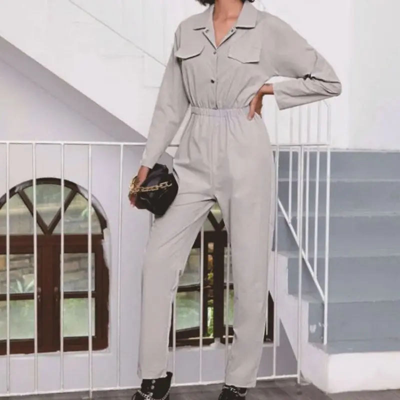 

Women's Autumn And Winter Long-Sleeved Jumpsuit 2020 New Solid Color Casual Style Button Suit Waist Jumpsuit Pantalon une pièce