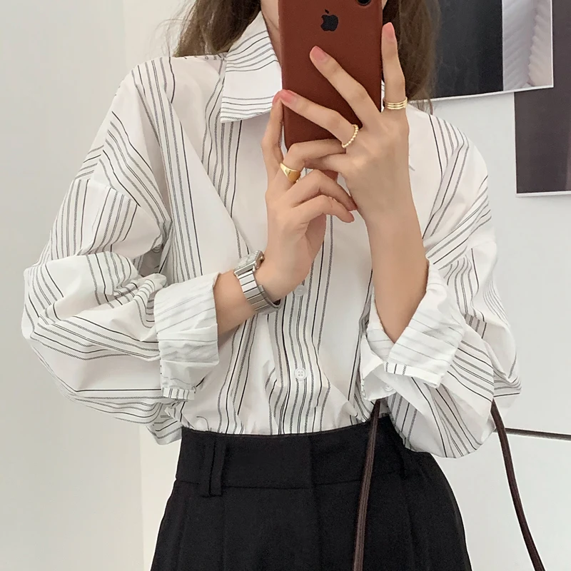 

Spring Autumn Women's Blouse Three-Color Korean Style Loose And Thin Striped Lapel Shirt