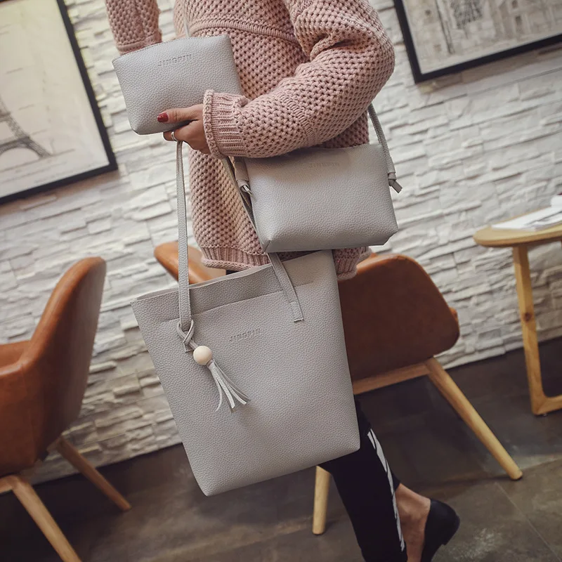 

2017 New Style Embossed Leather Wooden Bead Tassels Three-piece Set WOMEN'S Bag Simple One-Shoulder Handbag