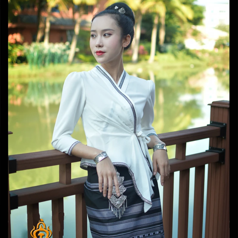 

Thai Dress Summer Breathable Thin Section Casual White Tops Phasin Skirt Splash Water Festival Traditional Thai Dress for Women