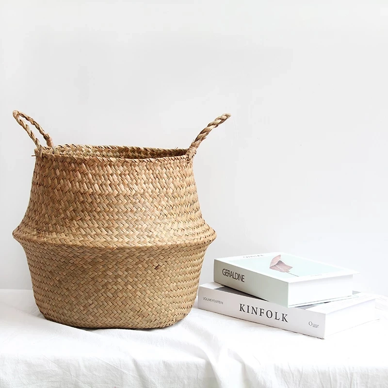 Mir de rangement tissé en jonc de mer WUNICEF, pot de fleurs de plantation pliable, panier à linge de jardin domestique, ventre mimbre