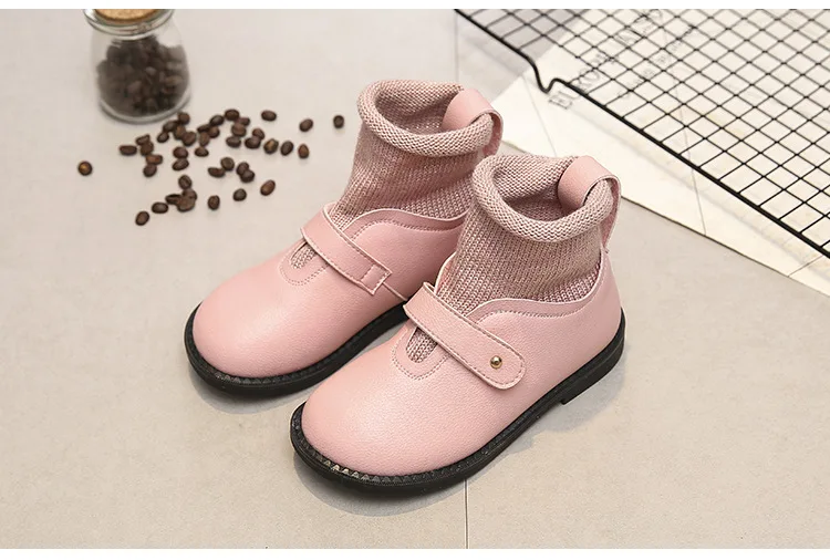 Kids Spring Autumn Pu Leather Boots Ankle-length Knitted Socks Shoes Black Red Pink Fashion Princess Flat Dress Shoes Size 26-37