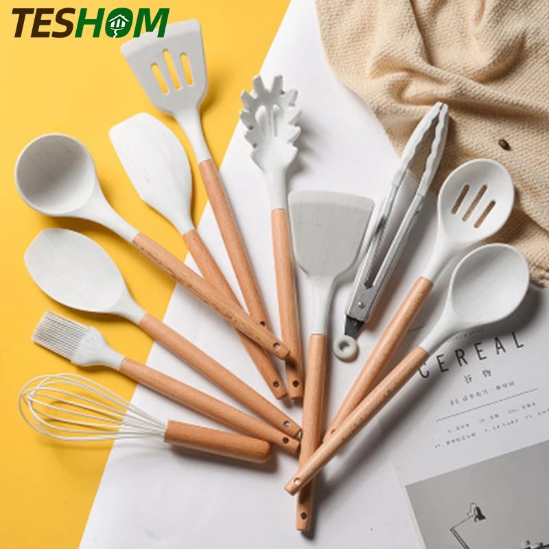 Silicone Baking Utensils - Balloon Whisk, Slotted & Solid Kitchen Spoon,  Spatula, Long Scraper And Pastry Brush, Acacia Hard Wood Handle