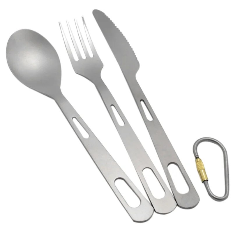 

3 In 1 Titanium Spoon Fork Knife Cutlery Sets With Titanium Carabiner Camping Cutlery Outdoor Tableware Spork