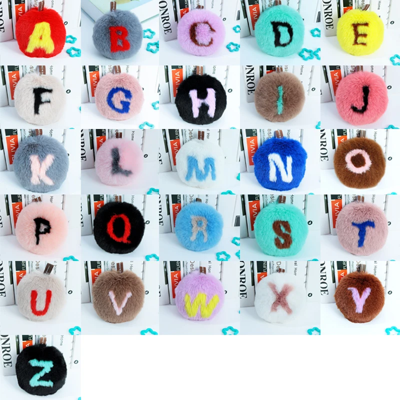 

Big Fluffy Pom Pom Keychains Handmade 26 Alphabet Faux Rabbit Fur Ball Key Chain Women's Bag Charm Letter Pompoms Gift