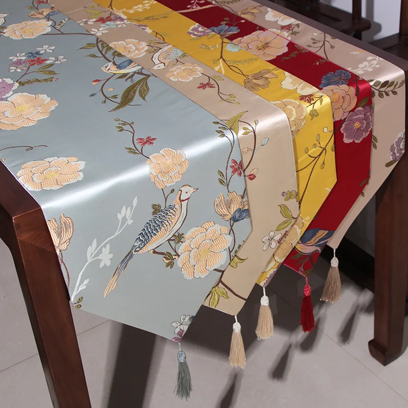 

New Chinese Style Table Runner Peony Embroidered Pattern Beige Blue Yellow Red Table Runners with Tassels Home Hotel Wedding