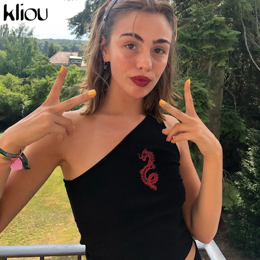 Kliou, женская сексуальная черная крутая майка на одно плечо, майка без рукавов с вышивкой дракона, Пляжная укороченная майка