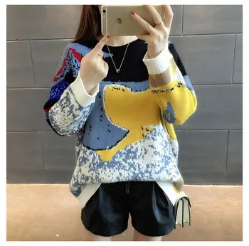 

2019 autumn and winter new loose Korean students canvas style pullover mixed color knit women sweaters female 7845