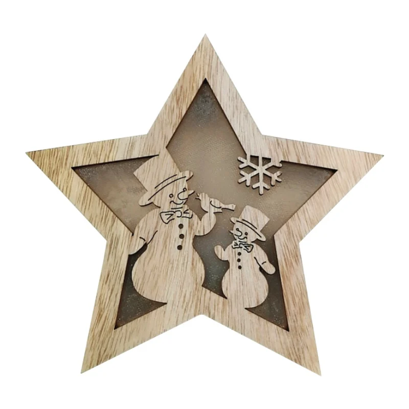 Cute Wooden Hollow Star Shape Christmas Light Box Desktop Ornament Lamp Luminous Xmas Tree Hanging Pendant Christmas Decor