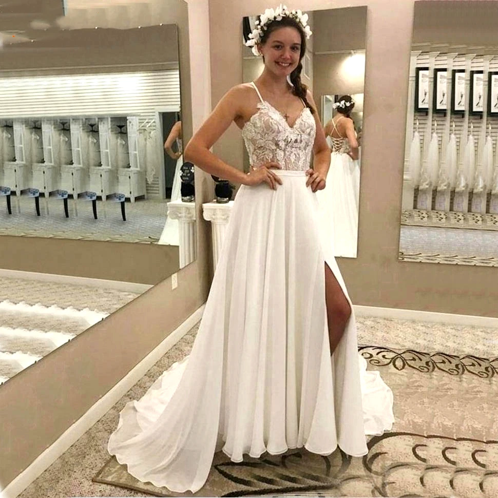 Boho Trouwjurken Corset Terug Hoge Split Beach Wedding Spaghettibandjes Bohemian Bruidsjurken Robe De Mariee 2020 Summe Boho Trouwjurken Corset Terug Hoge Split Beach Wedding Spaghettibandjes Bohemian Bruidsjurken Robe De Mariee 2020 Summe