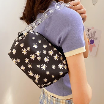 

Fashion Flower Daisy Women Handbag Canvas Simple Small Underarm Shoulder Bags Female Acrylic Chain Travel Totes Purse