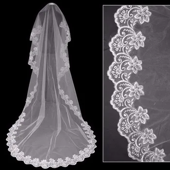 

1.5M Ivory White Short Wedding Veil With Appliques Lace One Layer Cheap Bridal Veils Promotion Wedding Accessories For Bride