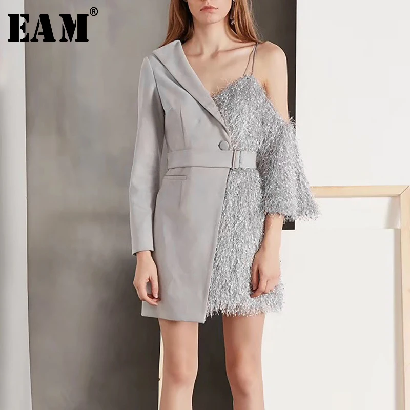 

[EAM]2019 Spring Woman Irregular Split Fur Tassel Sling Single Button Aymmetrical One Should Waistband Suit Dress LD0125