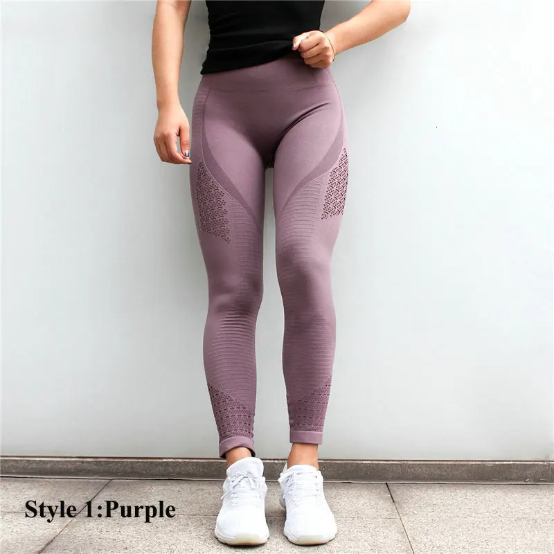 Purple1 2 стиля, энергетические бесшовные леггинсы с дырочками, высокая талия, женские штаны для йоги, супер эластичные попой, обтягивающие спортивные леггинсы, для спортзала, бега - Цвет: Purple1