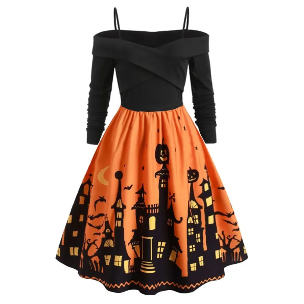 Women Pumpkin Party Print Dress Halloween Long Sleeve V Neck Vintage Casual Sexy Dresses vestido corto mujer FD