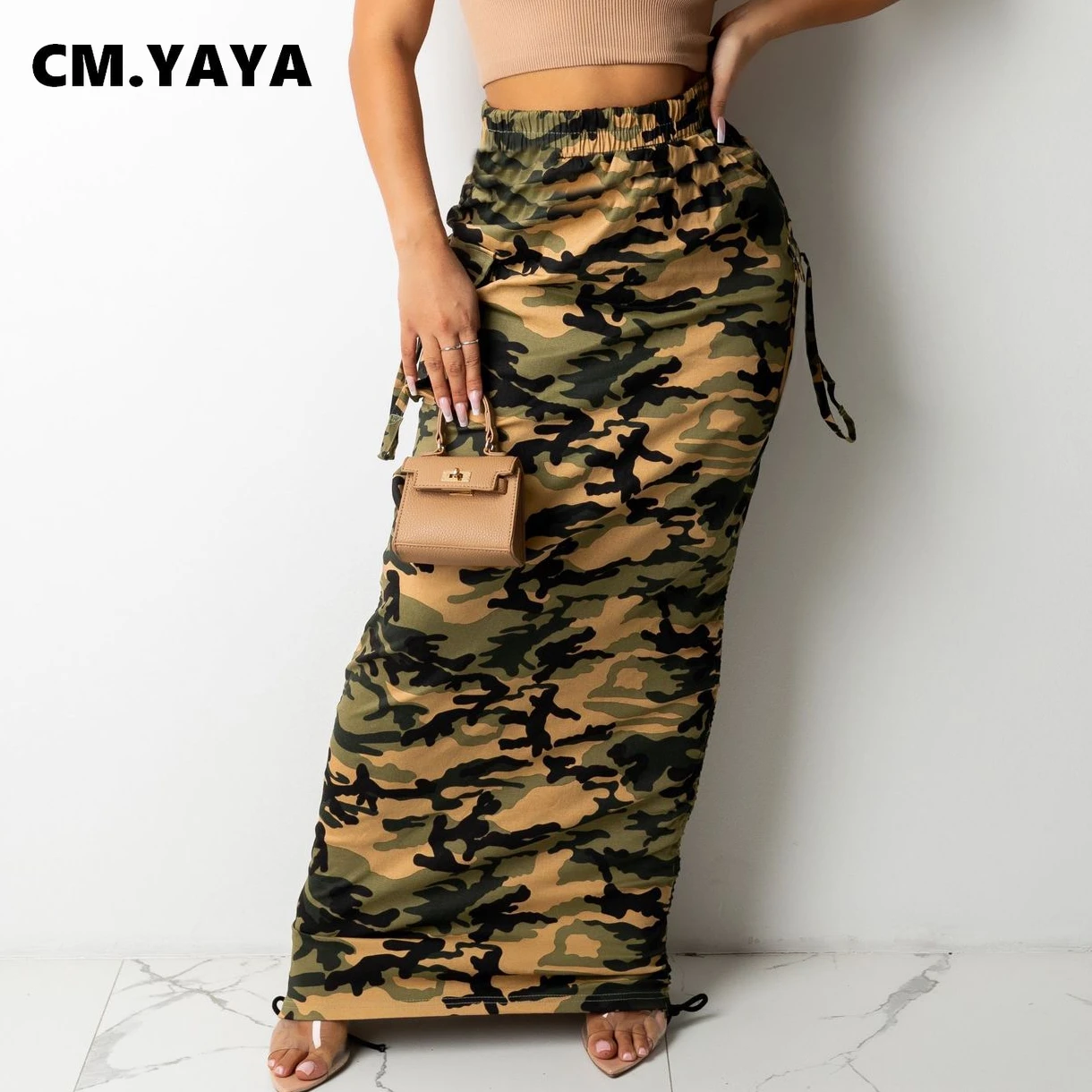 CM.YAYA Women Camouflage Drawstring Ruched Maxi Midi Skirts Streetwear Classic High Waist Long Pencil Skirt