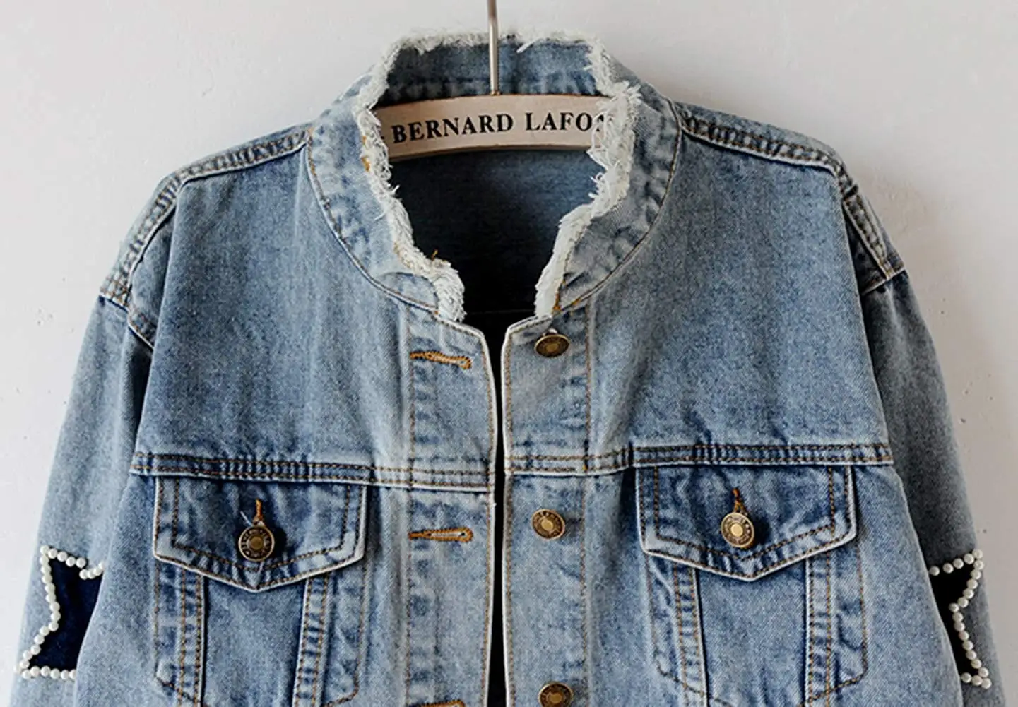 wonderful  Women's Star Embroidered Rivet Pearl Denim Jacket Coat