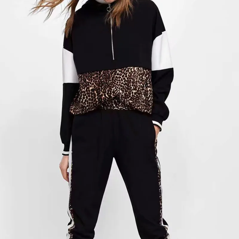 

DEAT 2019 Autumn Winter Zipper Pullovers Leopard Sweetshirt Long Pants Tracksuit Women Two Piece Set MG515