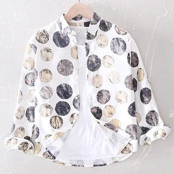 

2020 Men Casual Dotted Print Long-sleeved Shirt Youth Fashion Loose Cotton Linen Fold-down Collar Shirt