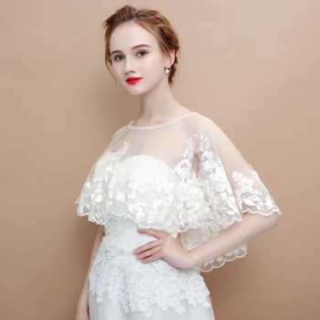 

Champagne Embroidered Flower Wrap Elegant Women Sheer Summer Cape Hi-Lo Appliqued Shawl Bridal Wedding Accessories Handmade