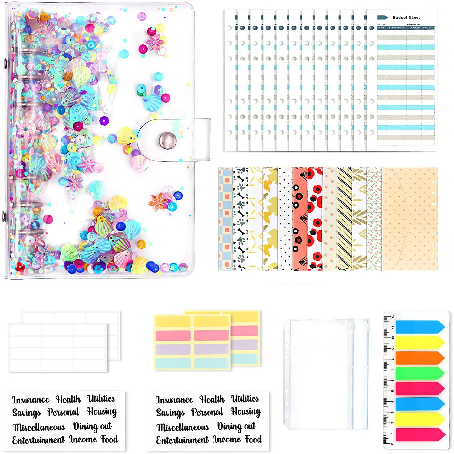 Cash Envelopes for Budgeting Saving, A6 Glitter Budget Binder with Zipper Envelopes,Cash Envelopes,Budget Sheets, Sticker Labels