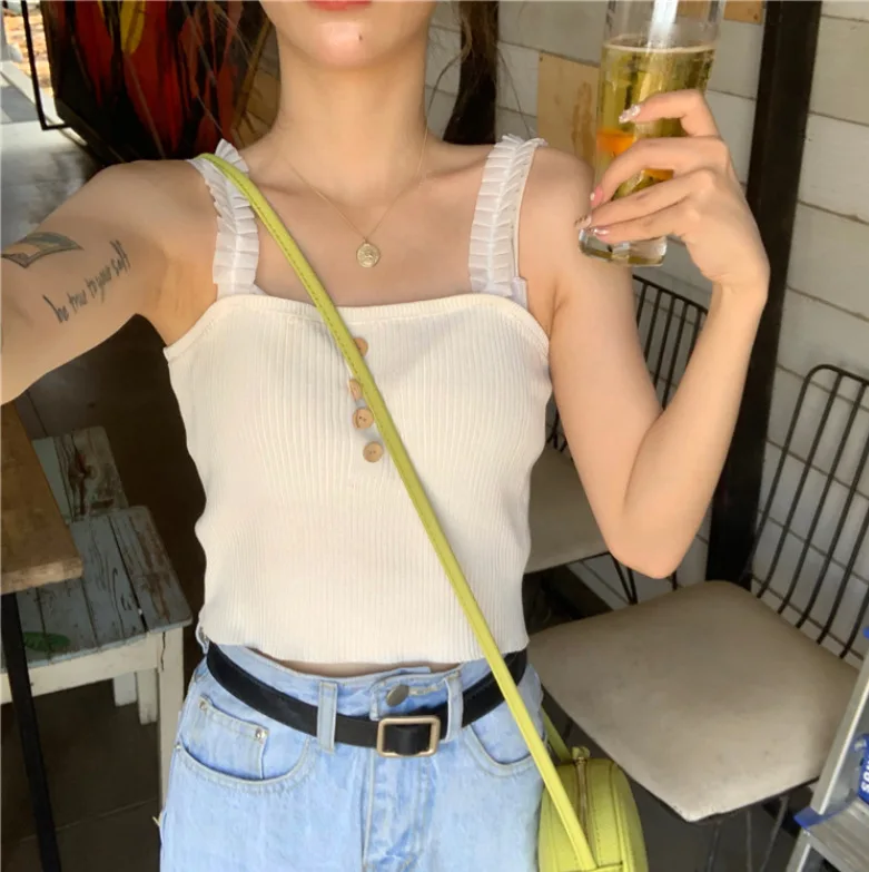 

Summer 2019 New Style Design Lace-up Knit Underwear Strapped Vest Women's Outer Wear Base Tops