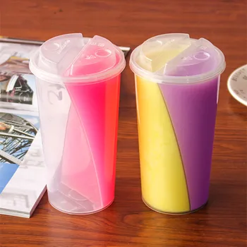 

8pcs High quality double grid couple cup party favors clear disposable cup 700ml large plastic cups takeaway coffee cup with lid