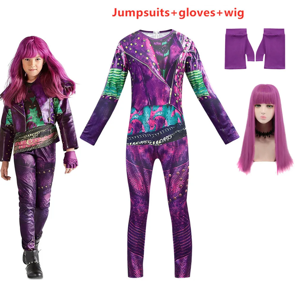 

Descendants 3 Mal Bertha Maleficent Long Live Evil Straight Purple kids adult Cosplay Wig + Jumpsuits halloween costume for kids