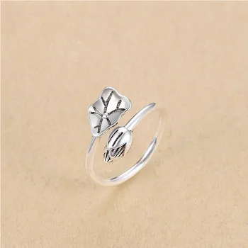 

FUN-BEAUTY Fashion Sterling Silver Plated Female Ring Retro Old Thai Silver Lotus Leaf Ring Wild Student Lotus Ring Jewelry