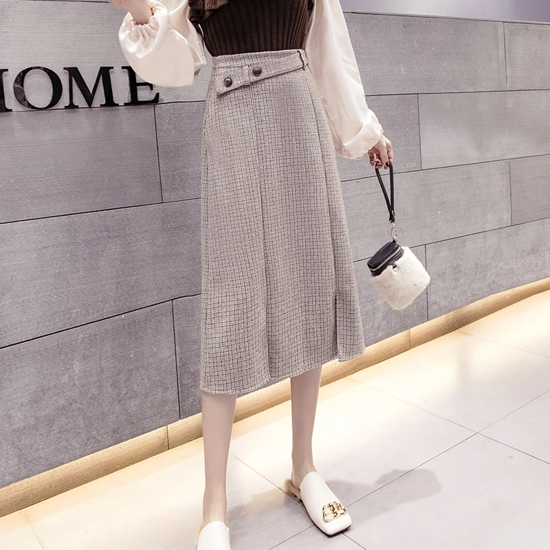 Winter New Midi Plaid Woolen Skirts Women Fashion A-Line Skirts Ladies Streetwear Plus Size High Waist skirt