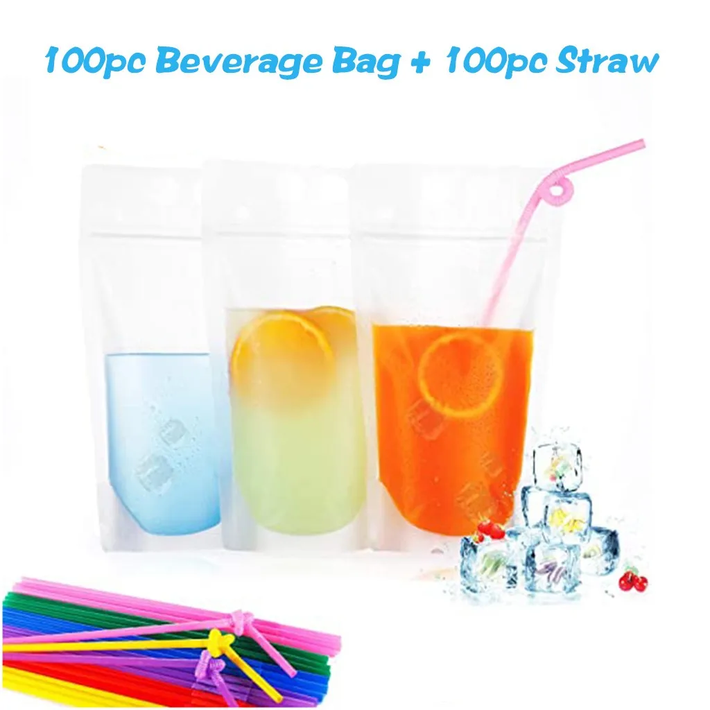 Hot Drinking Cold Beverage Bag Drink Food Fresh Keeping Transparent Zipper And Straw Pouch |