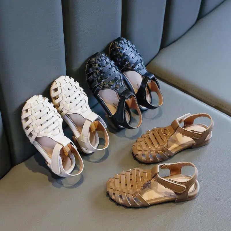 

Spring Summer Sandals Girls Princess Roman Children Half Sandals Kids Flat Shoes Breathable Hollow Cut-outs 21-30