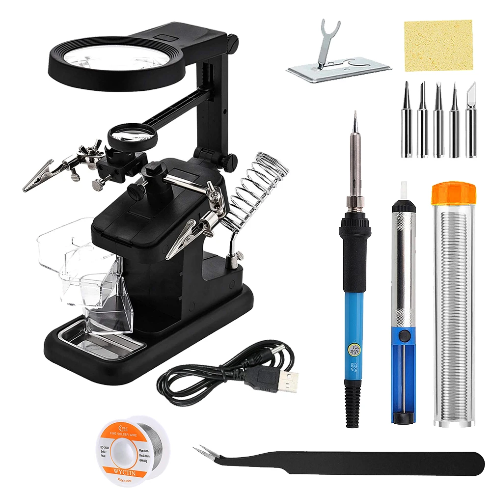 Soldering Iron Welding Magnifying Glass 2 LED 3X 4.5X 25X Helping Hand Rework Magnifier with 3 Tools Boxes Desk Station Repair