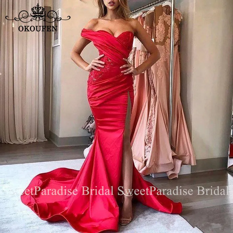 

Red Evening Dress With Appliques One Shoulder Side Split Mermaid Long Chapel Train Prom Dresses For Women Robe De Soiree