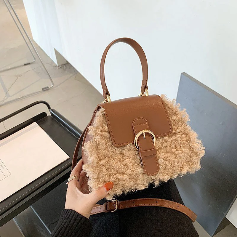 

2020 Autumn Winter Ins New Women Bag Handbag Cute Lamb'S Wool Drawstring Shoulder Bucket Crossbody Bag