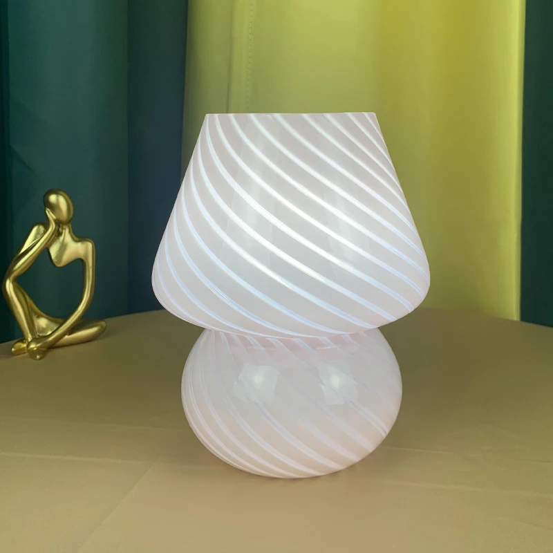 Glass LED Desk Lamp For Bedroom Bedside Korean Modern ​Striped Mushroom Table Lamp Decor Cute Glass Translucent Bedside Lamp