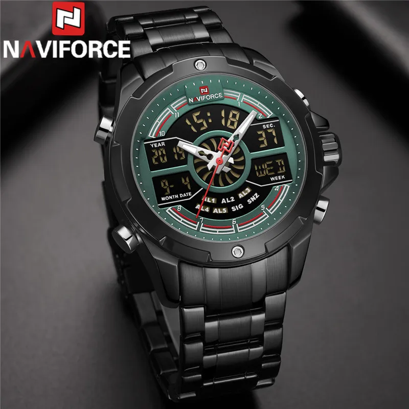 NAVIFORCE Лидирующий бренд Роскошные модные мужские часы кварцевые цифровые мужские часы Военные Спортивные часы из нержавеющей стали зеленые мужские наручные часы 9170