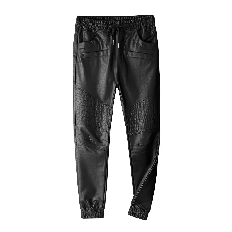Высокое качество, французский стиль, мужские рваные мото брюки, ребристые обтягивающие черные байкерские облегающие брюки из искусственной кожи, узкие брюки, размер S-5XL