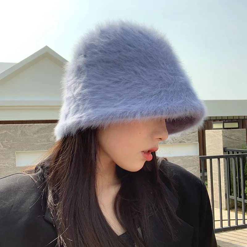 

2021 Women's Hats Winter Fashion Solid Color Rabbit Fur Bucket Cap Fashion Fisherman's Hat Retro Knitted Wool Basin Bucket Hat