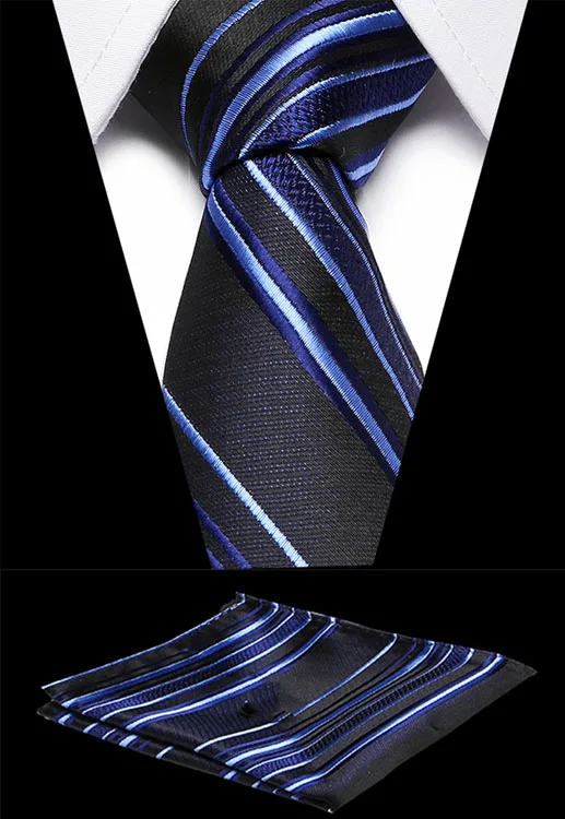 

100% Silk Fashion Tie Men's 7.5cm Black Striped Necktie Handkerchief Wedding Tie Hanky Sets