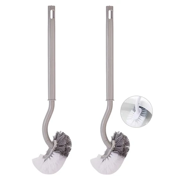 

2 Pcs Bathroom Curved Compact Handle Toilet Bowl Brush with 2 Pcs Adhesive Hooks,Gray