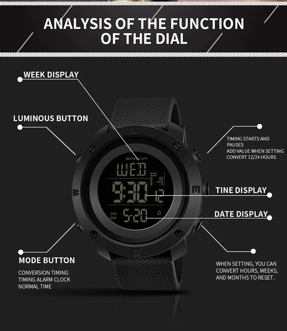SANDA модные спортивные мужские часы S Shock обратного отсчета светодиодный военные цифровые часы водонепроницаемые часы для мужчин relogio masculino