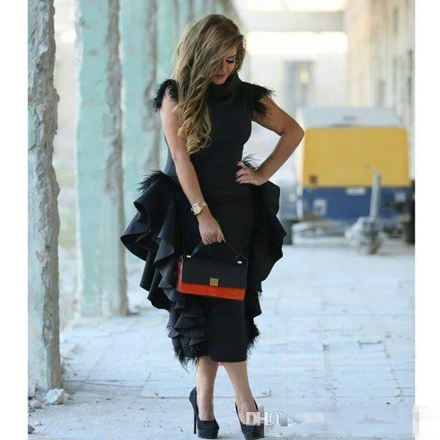 Robe de soiree, Черное вечернее платье с высоким воротом и перьями, вечернее платье с оборками длиной до середины икры, вечернее платье на выпускной, Vestido De Novia