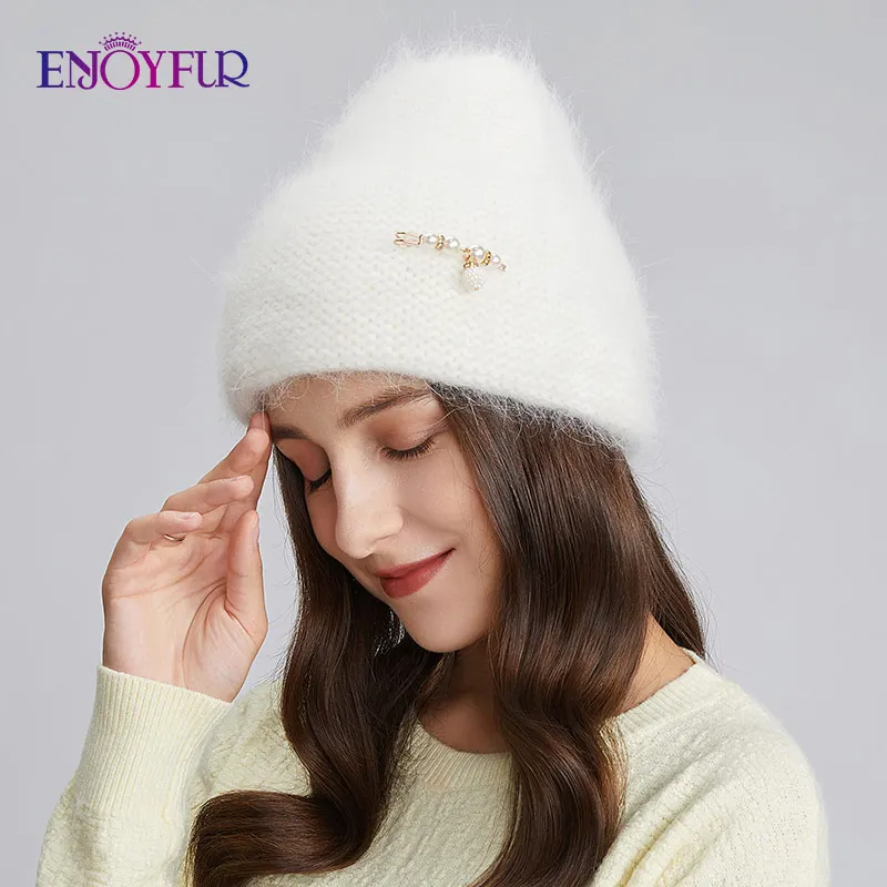 ENJOYFUR Women Winter Warm Knit Hats Real Angora Wool Female Caps Fashion Cuffed Casual Rhinestone Brand Ski Skull Beanies New 3
