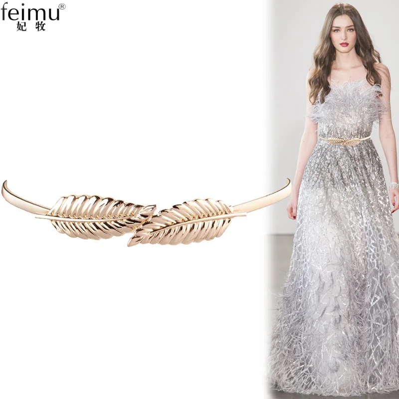 

American and European brand maple leaf to buckle metal waist chain lady decoration elastic spring-style gold dress thin belt ski