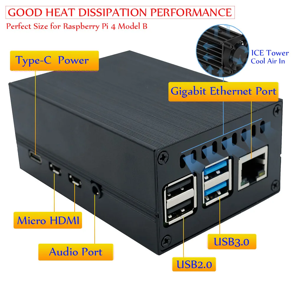 Torre de Refrigeração Raspberry pi com Kit de Dissipação de Calor Caixa de Alumínio Mini com Ventoinha de Resfriamento Silenciosa de 25 mm para Raspberry pi Modelo b - Imagem 5