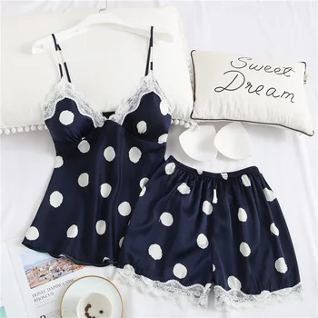 

Satin Lace Patchwork Intimate Lingerie Pijamas Lady Print Strap Top&Shorts Spring Summer New Pajamas Suit Sexy Homewear Pyjamas